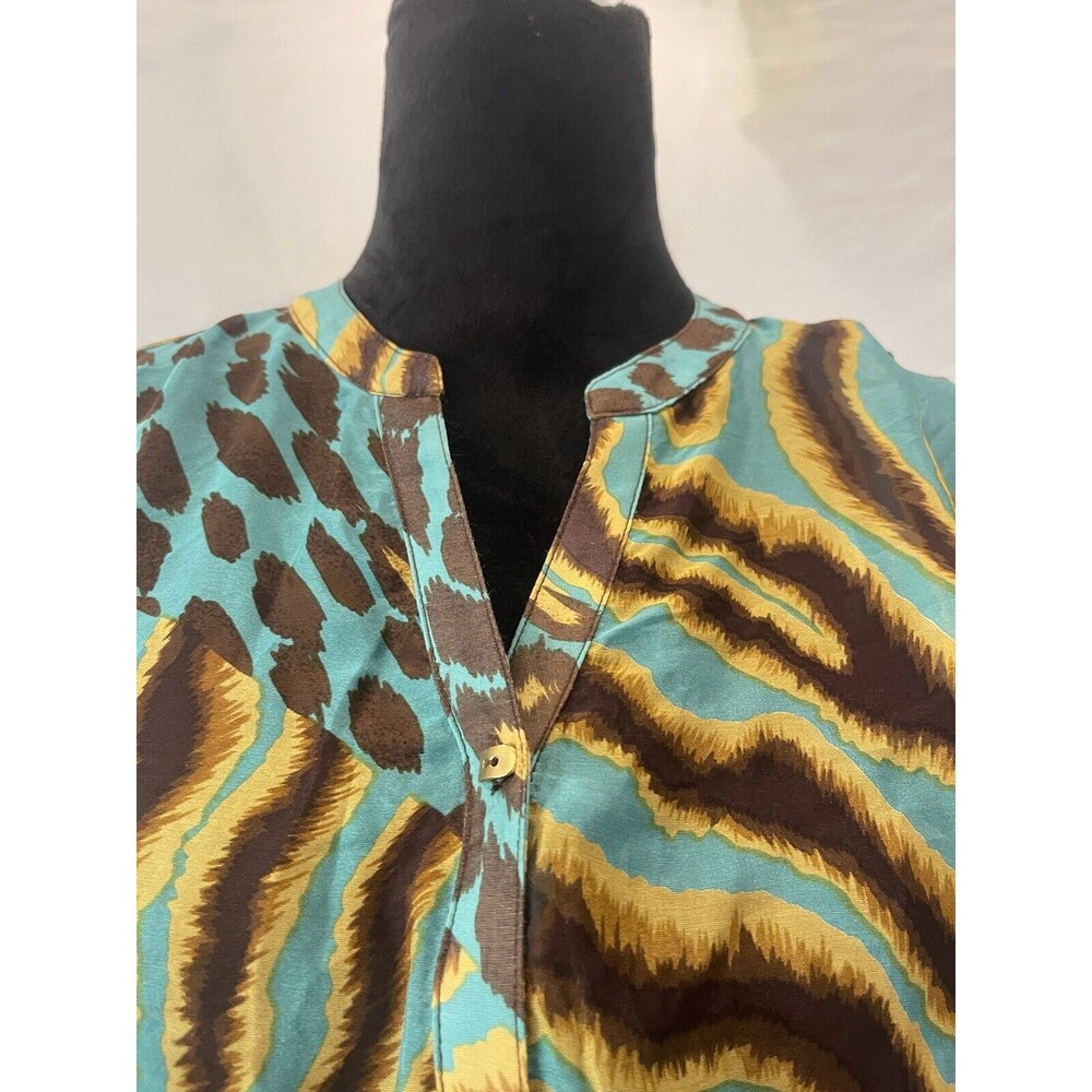 Alberto Makali 100% Silk Blouse Women Teal Animal print Medium Sheer - Picture 4 of 8